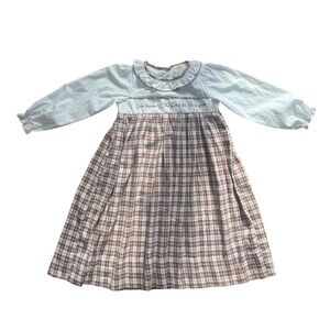 Little Bear Smocks Girls White Brown‎ Plaid Embroidered Dress Size 5